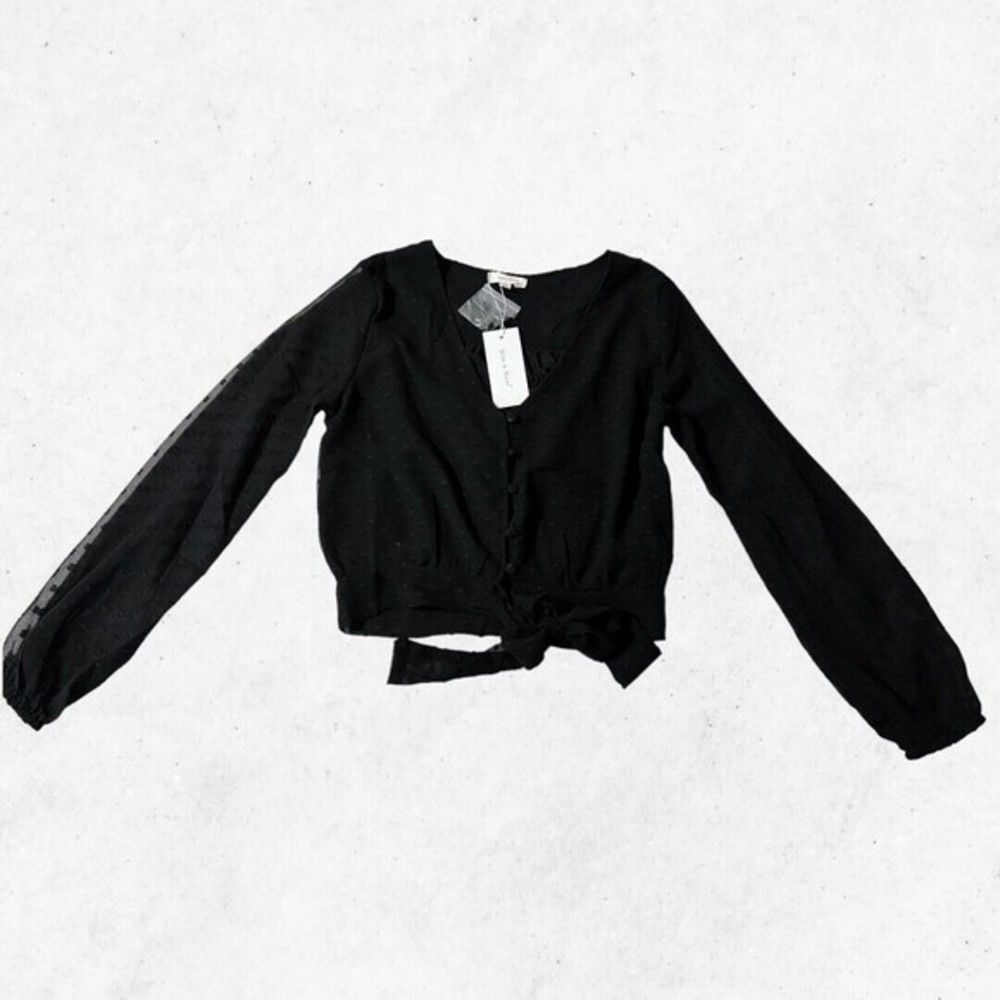 Sim & Sam Women Crop Top Size S‎ Black w/ Texture Long Sleeve Button Up Hem Tie